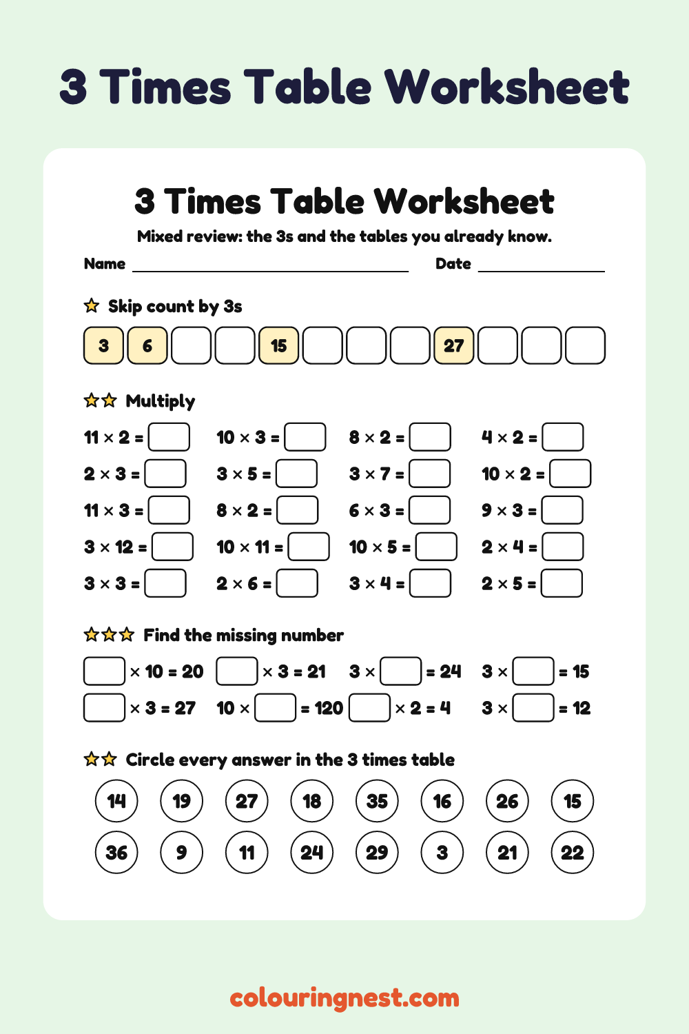 3 Times Table Worksheet: free printable maths worksheet from Colouring Nest