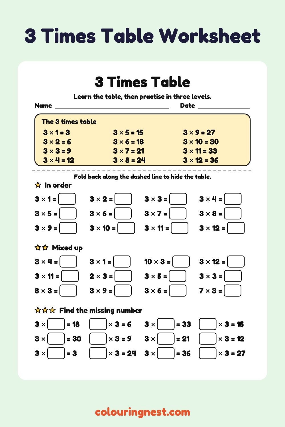 3 Times Table: free printable maths worksheet from Colouring Nest