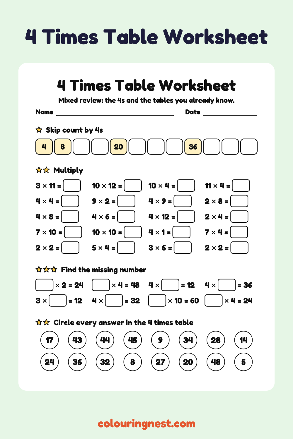 4 Times Table Worksheet: free printable maths worksheet from Colouring Nest