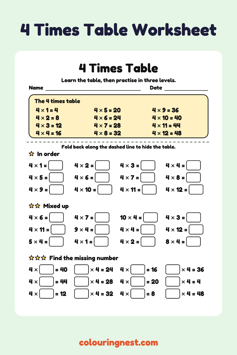 4 Times Table: free printable maths worksheet from Colouring Nest
