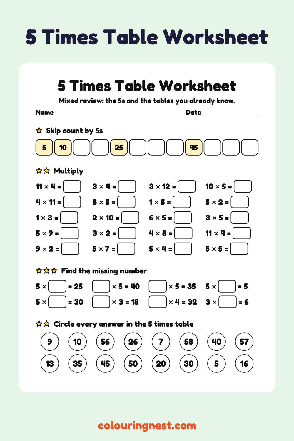 5 Times Table Worksheet: free printable maths worksheet from Colouring Nest
