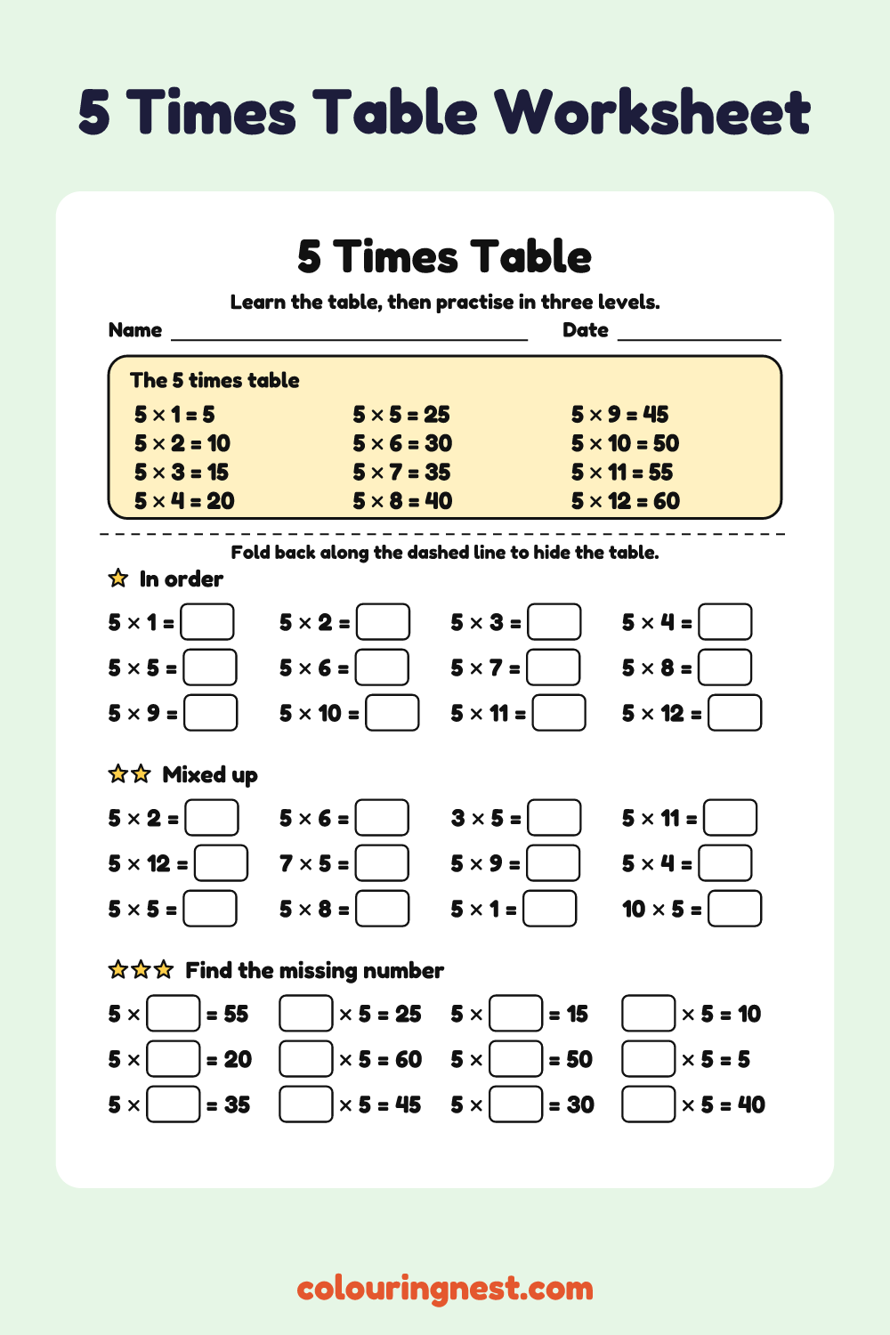 5 Times Table: free printable maths worksheet from Colouring Nest