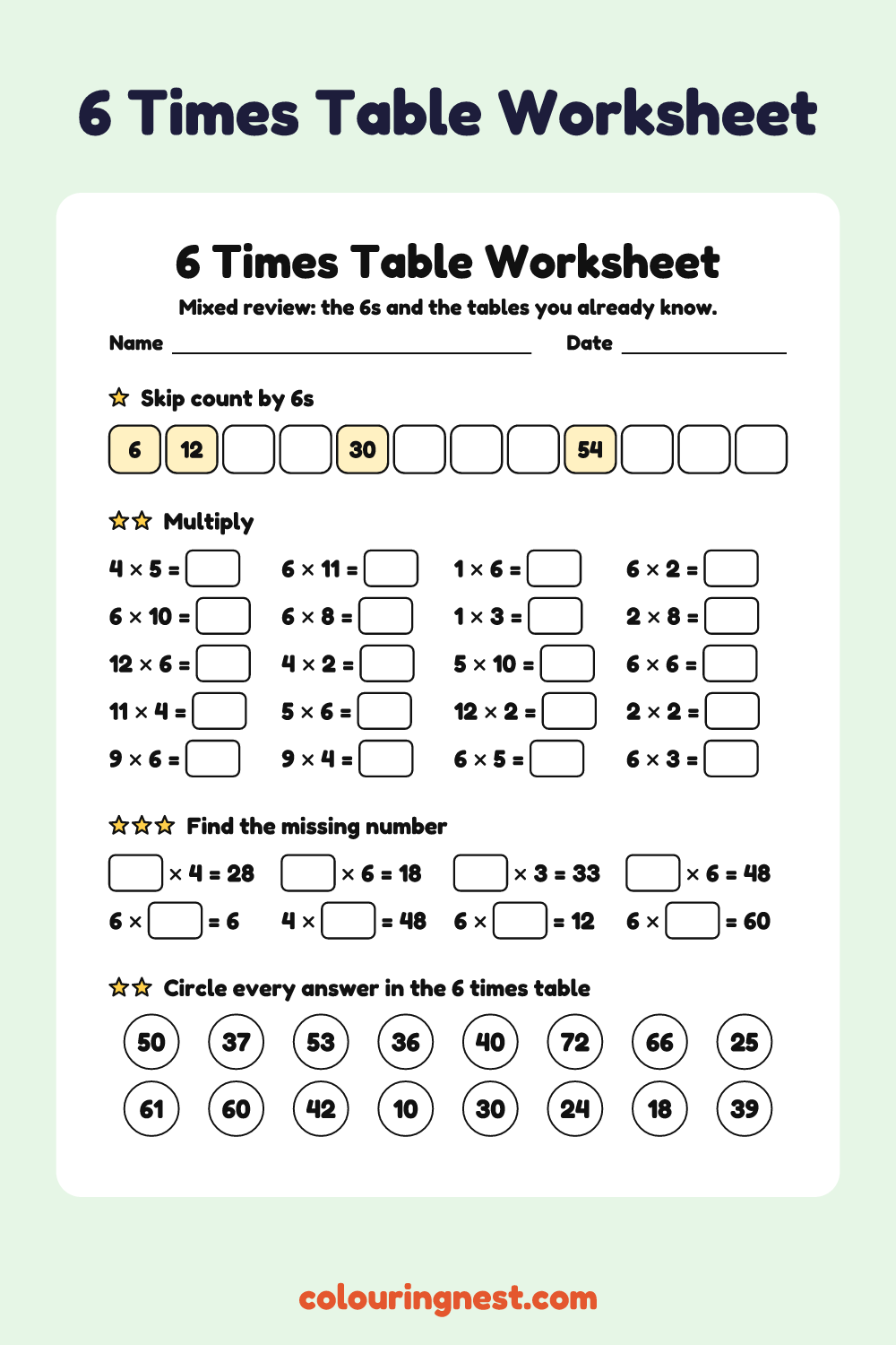 6 Times Table Worksheet: free printable maths worksheet from Colouring Nest