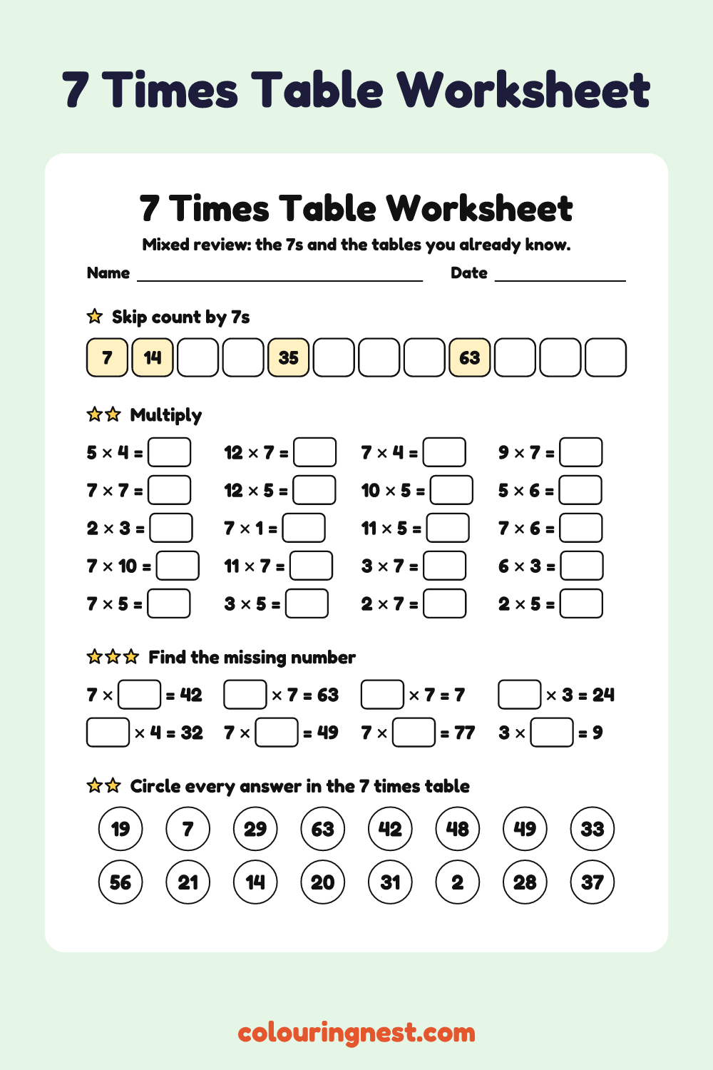 7 Times Table Worksheet: free printable maths worksheet from Colouring Nest