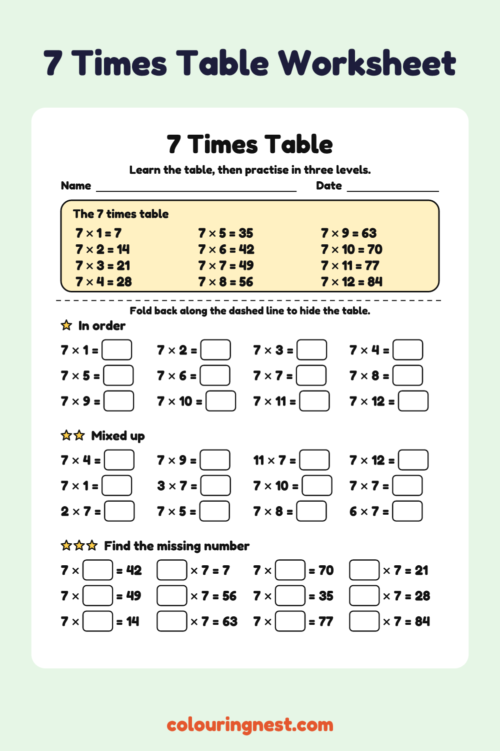 7 Times Table: free printable maths worksheet from Colouring Nest