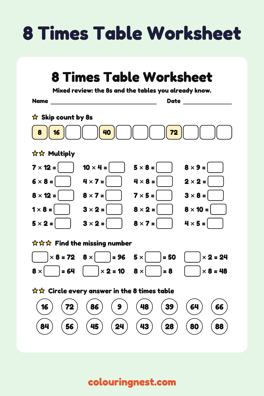 8 Times Table Worksheet: free printable maths worksheet from Colouring Nest