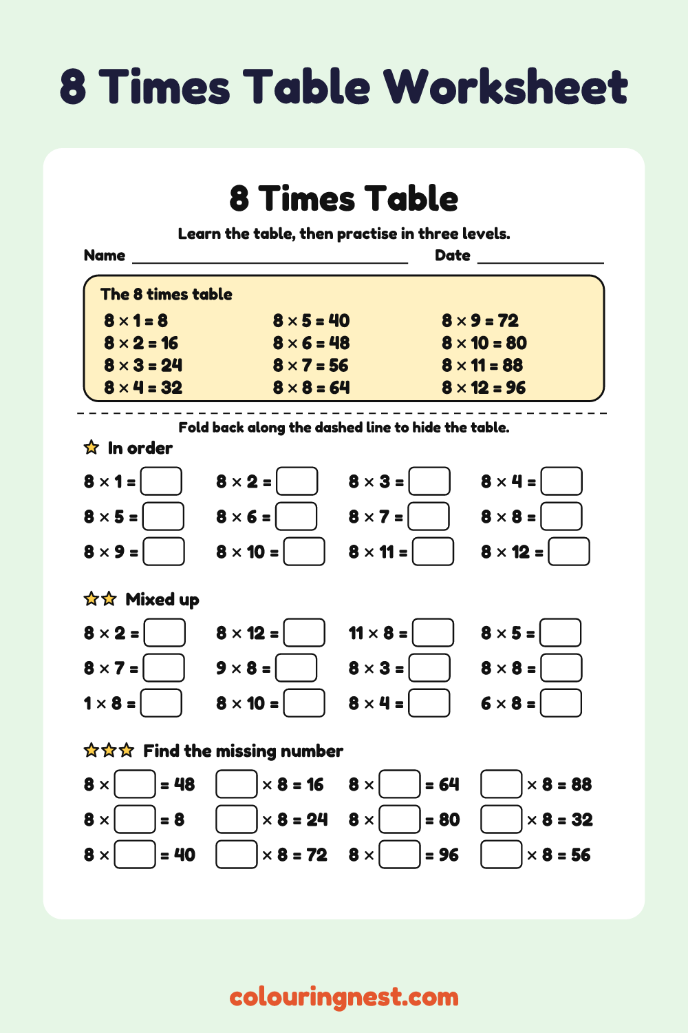 8 Times Table: free printable maths worksheet from Colouring Nest