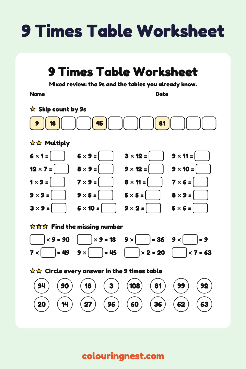 9 Times Table Worksheet: free printable maths worksheet from Colouring Nest