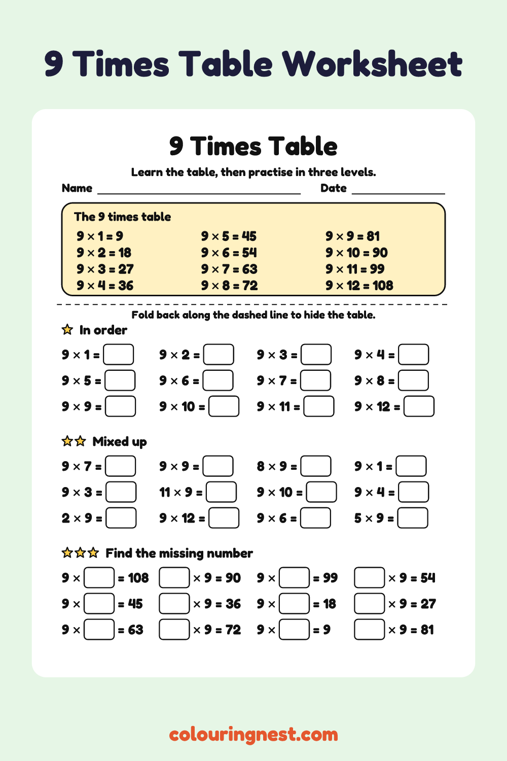9 Times Table: free printable maths worksheet from Colouring Nest