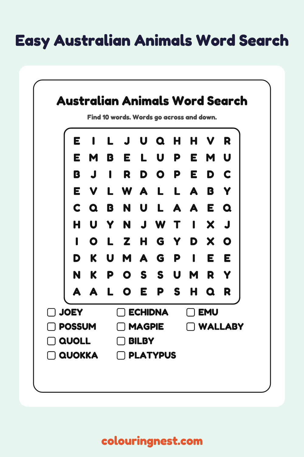 Australian Animals Word Search (Easy): free printable black-and-white line art
