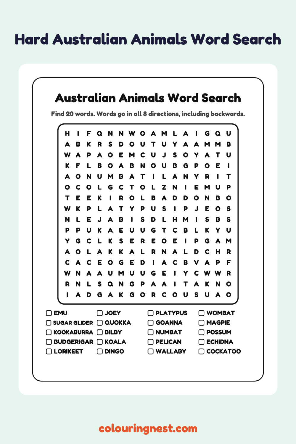 Australian Animals Word Search (Hard): free printable black-and-white line art