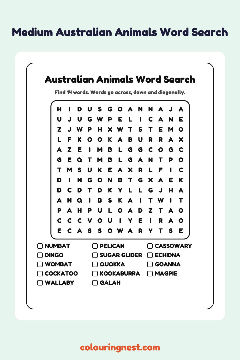 Australian Animals Word Search (Medium): free printable black-and-white line art