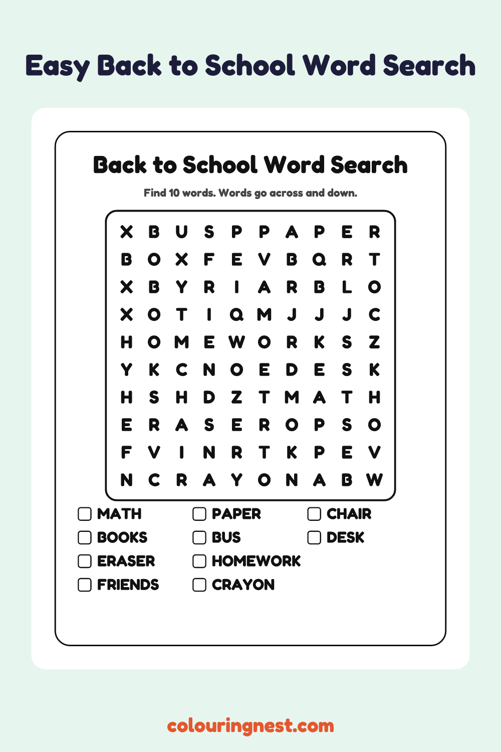 Back to School Word Search (Easy): free printable black-and-white line art