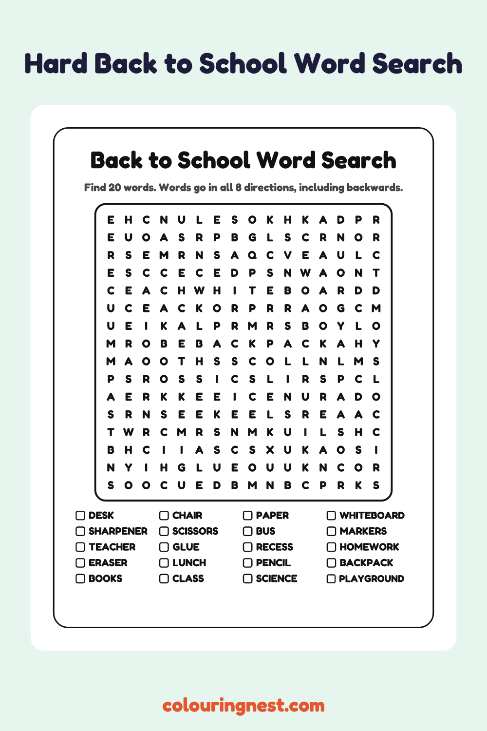Back to School Word Search (Hard): free printable black-and-white line art