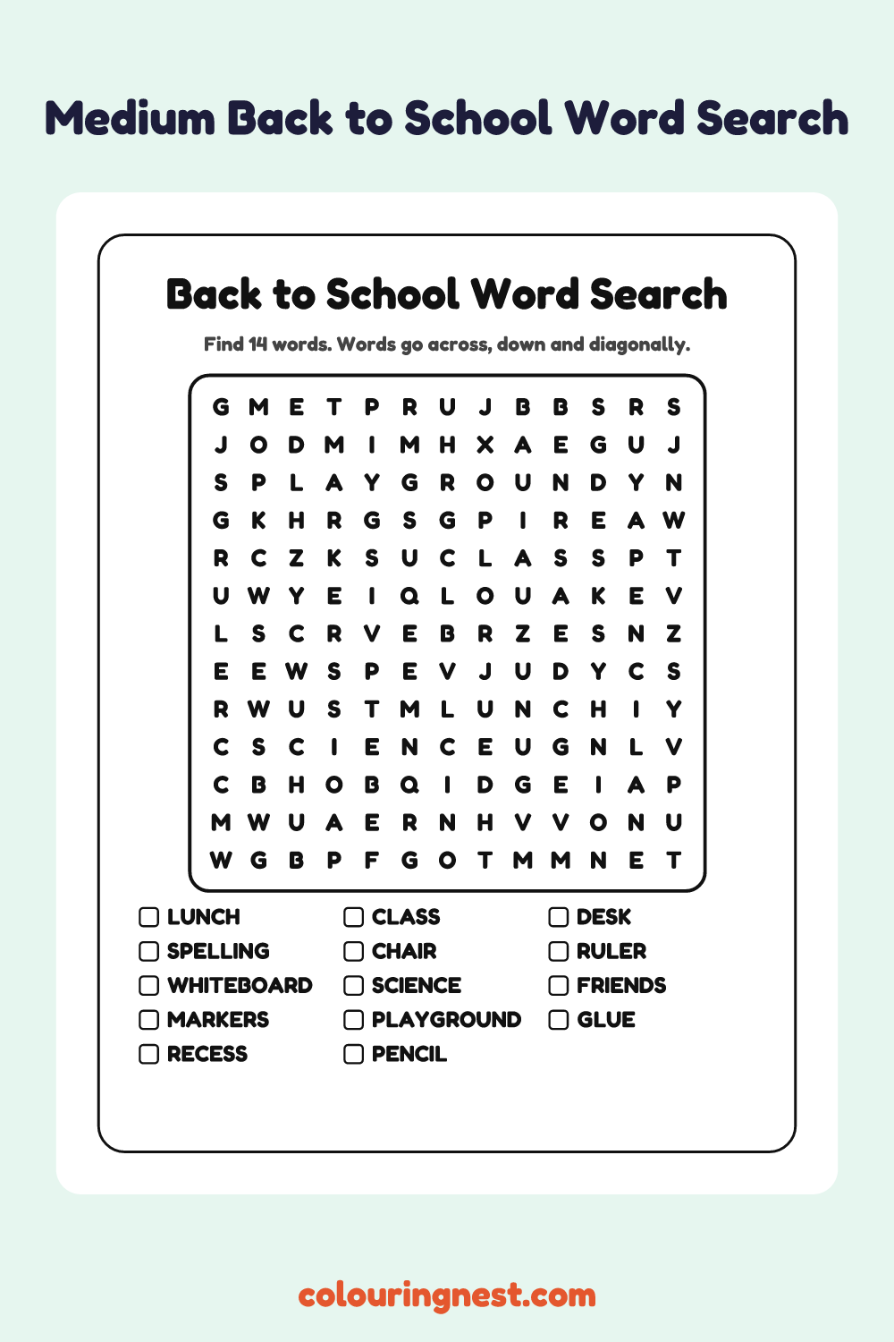 Back to School Word Search (Medium): free printable black-and-white line art