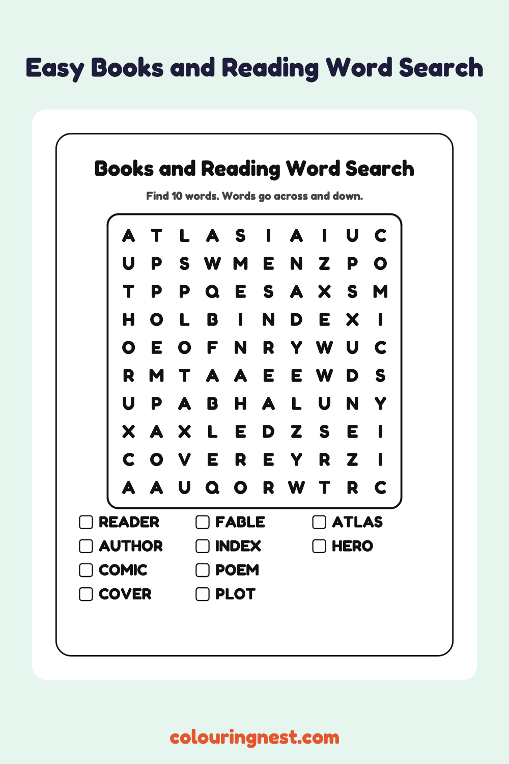 Books and Reading Word Search (Easy): free printable black-and-white line art