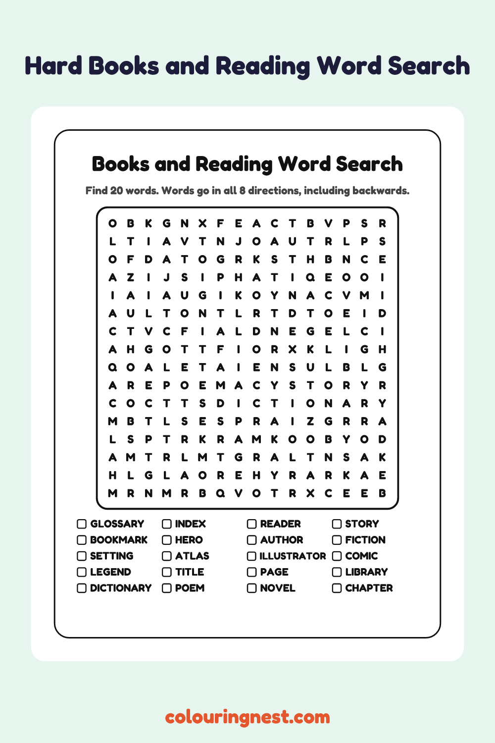 Books and Reading Word Search (Hard): free printable black-and-white line art