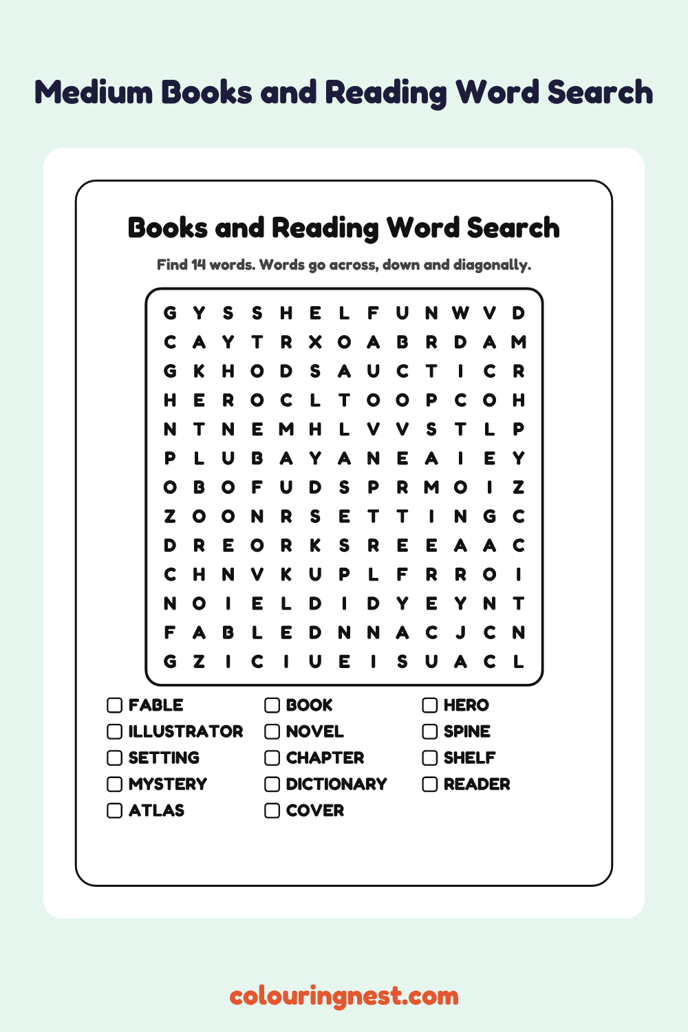 Books and Reading Word Search (Medium): free printable black-and-white line art