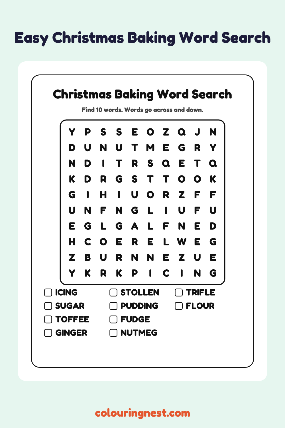 Christmas Baking Word Search (Easy): free printable black-and-white line art
