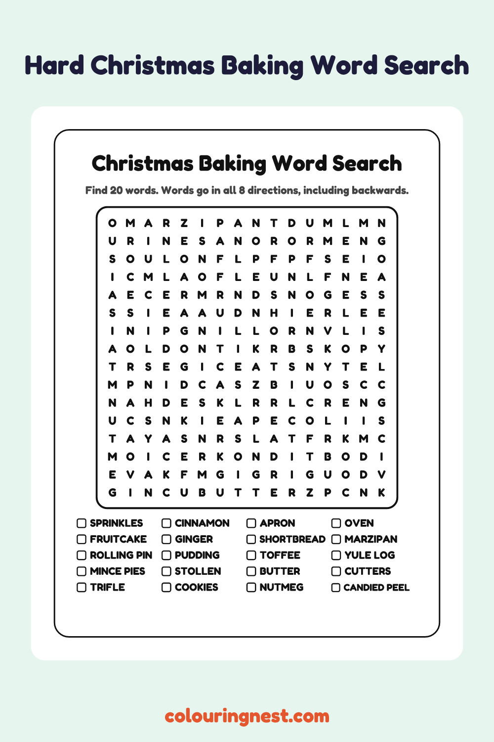 Christmas Baking Word Search (Hard): free printable black-and-white line art