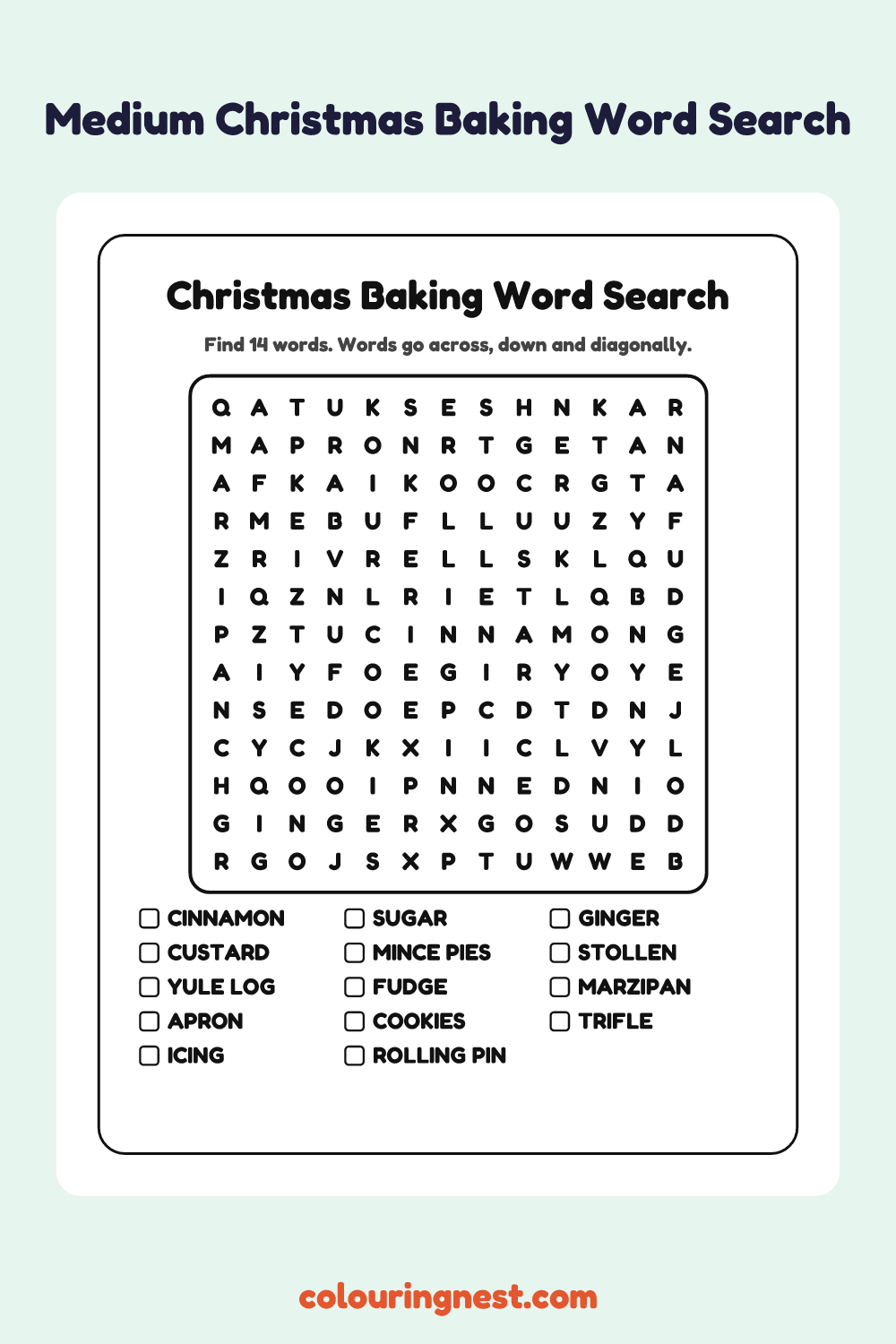 Christmas Baking Word Search (Medium): free printable black-and-white line art