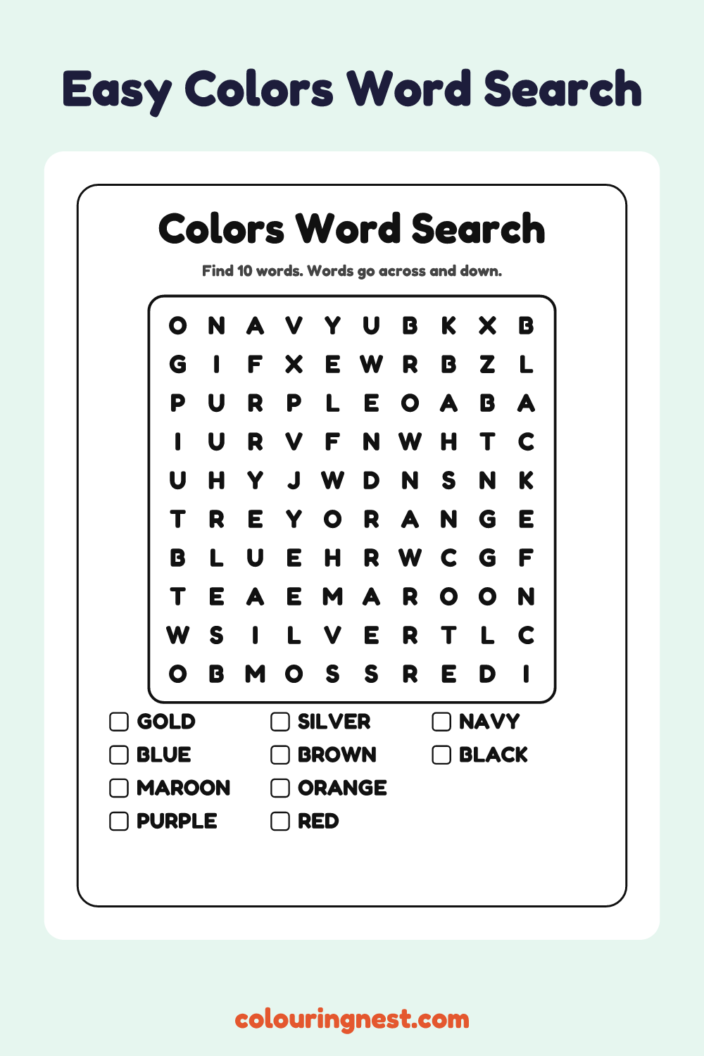 Colors Word Search (Easy): free printable black-and-white line art