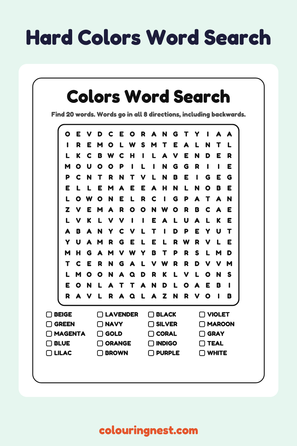 Colors Word Search (Hard): free printable black-and-white line art