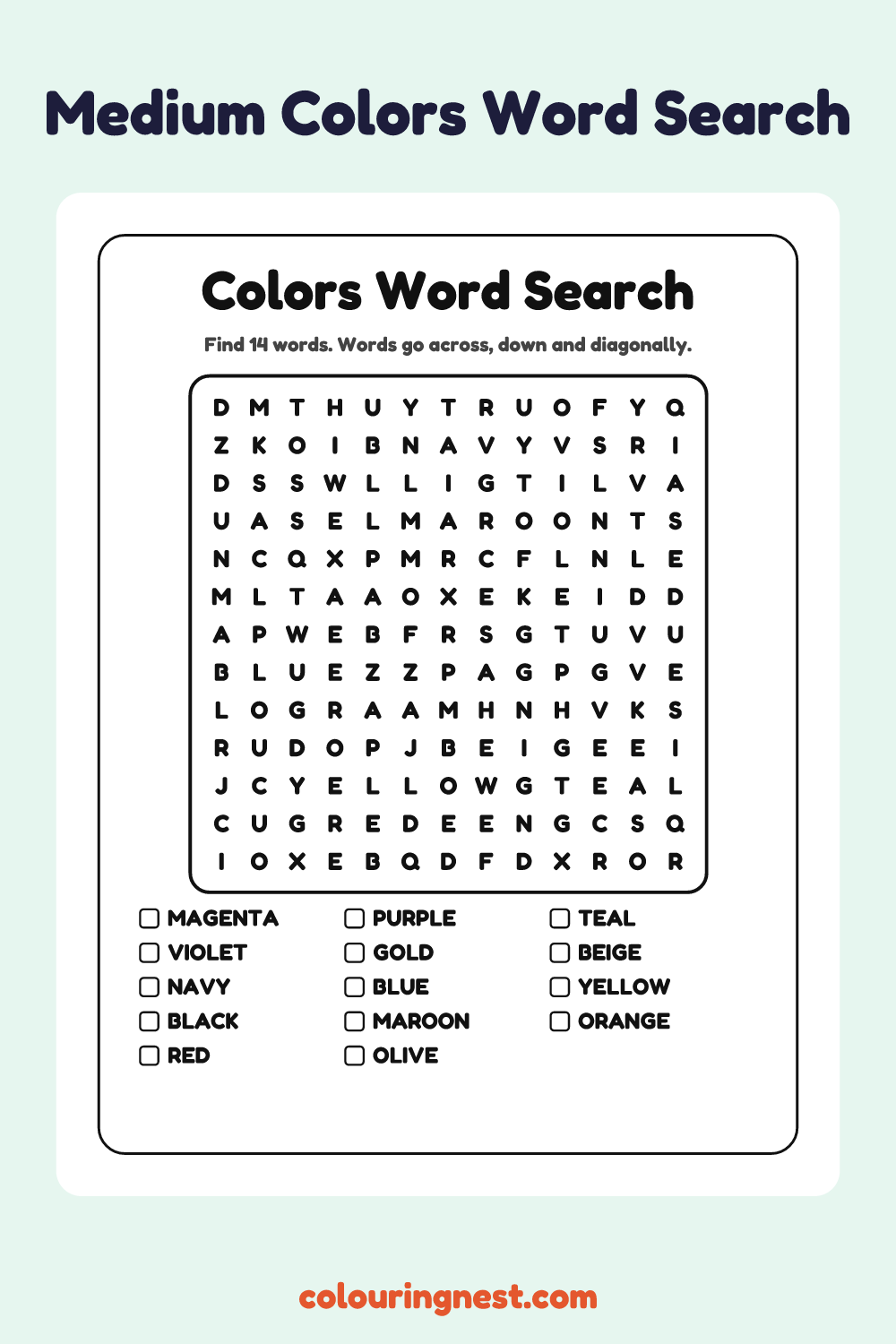Colors Word Search (Medium): free printable black-and-white line art