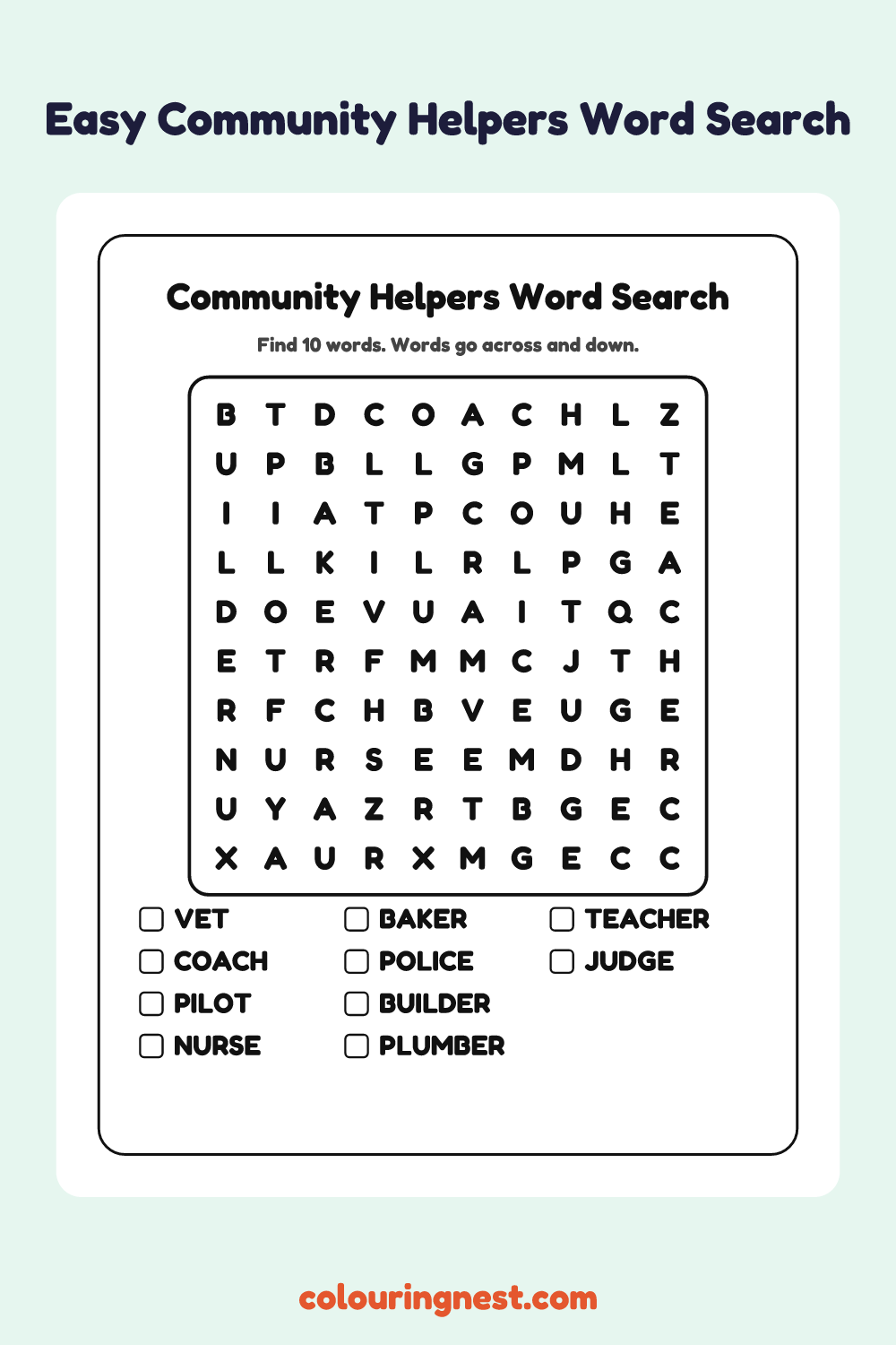Community Helpers Word Search (Easy): free printable black-and-white line art