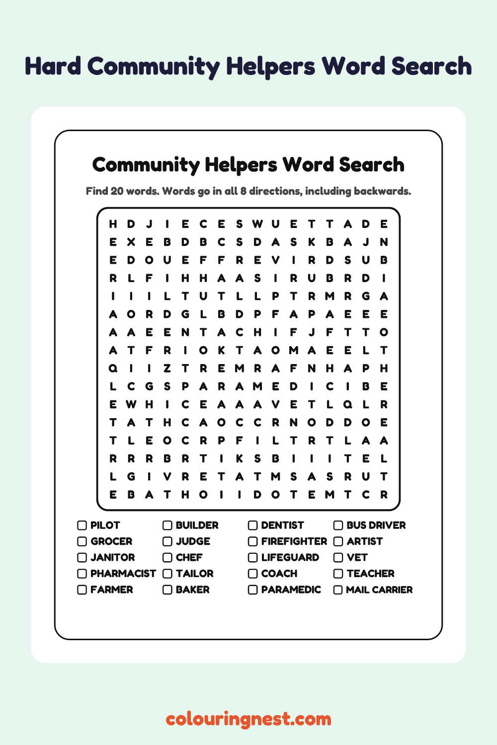 Community Helpers Word Search (Hard): free printable black-and-white line art