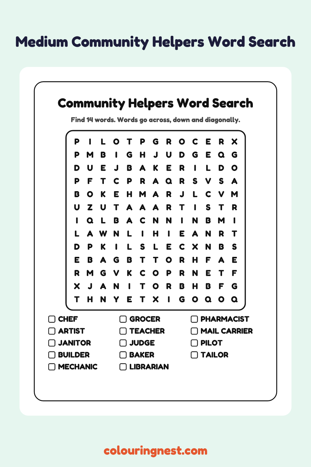 Community Helpers Word Search (Medium): free printable black-and-white line art
