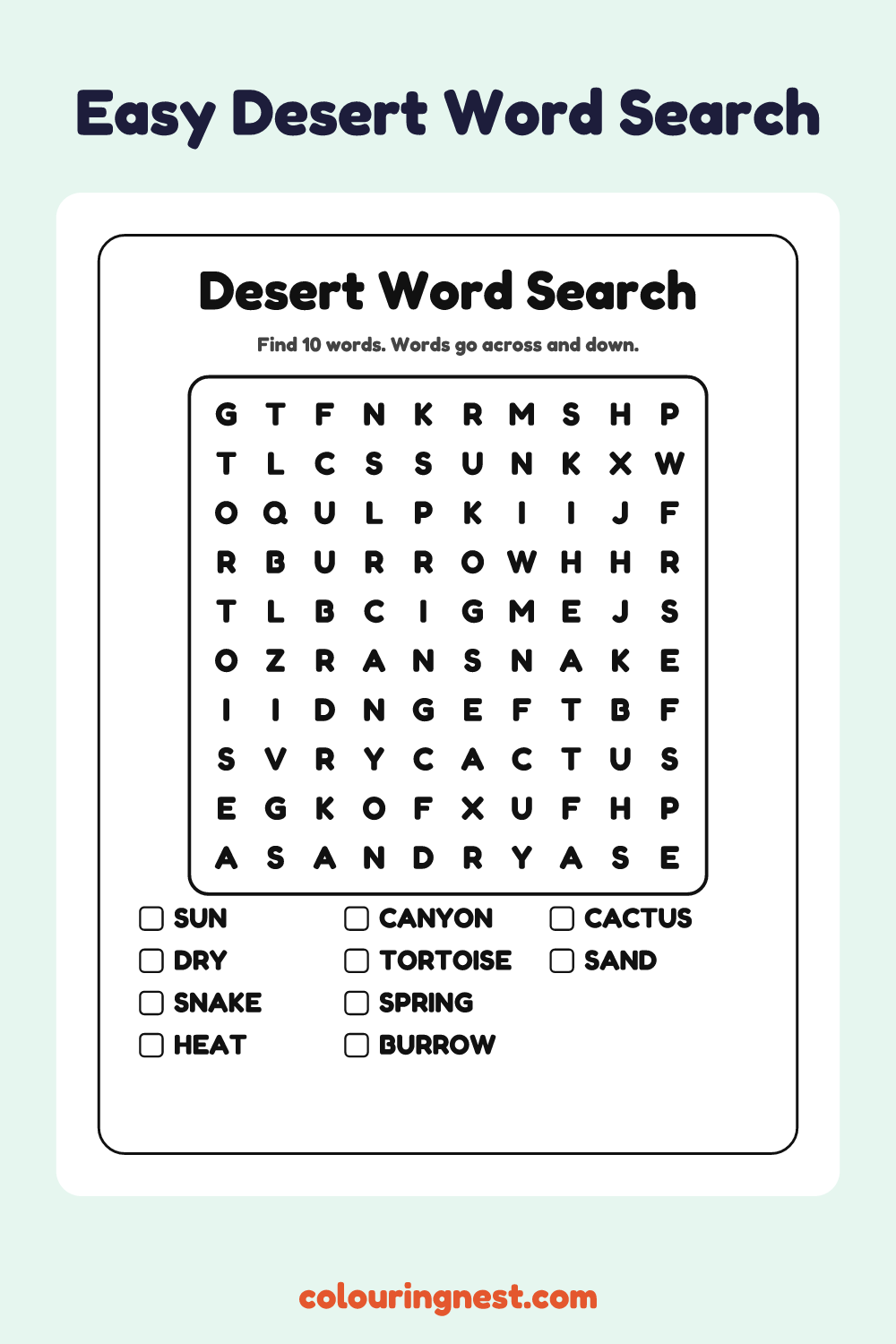 Desert Word Search (Easy): free printable black-and-white line art