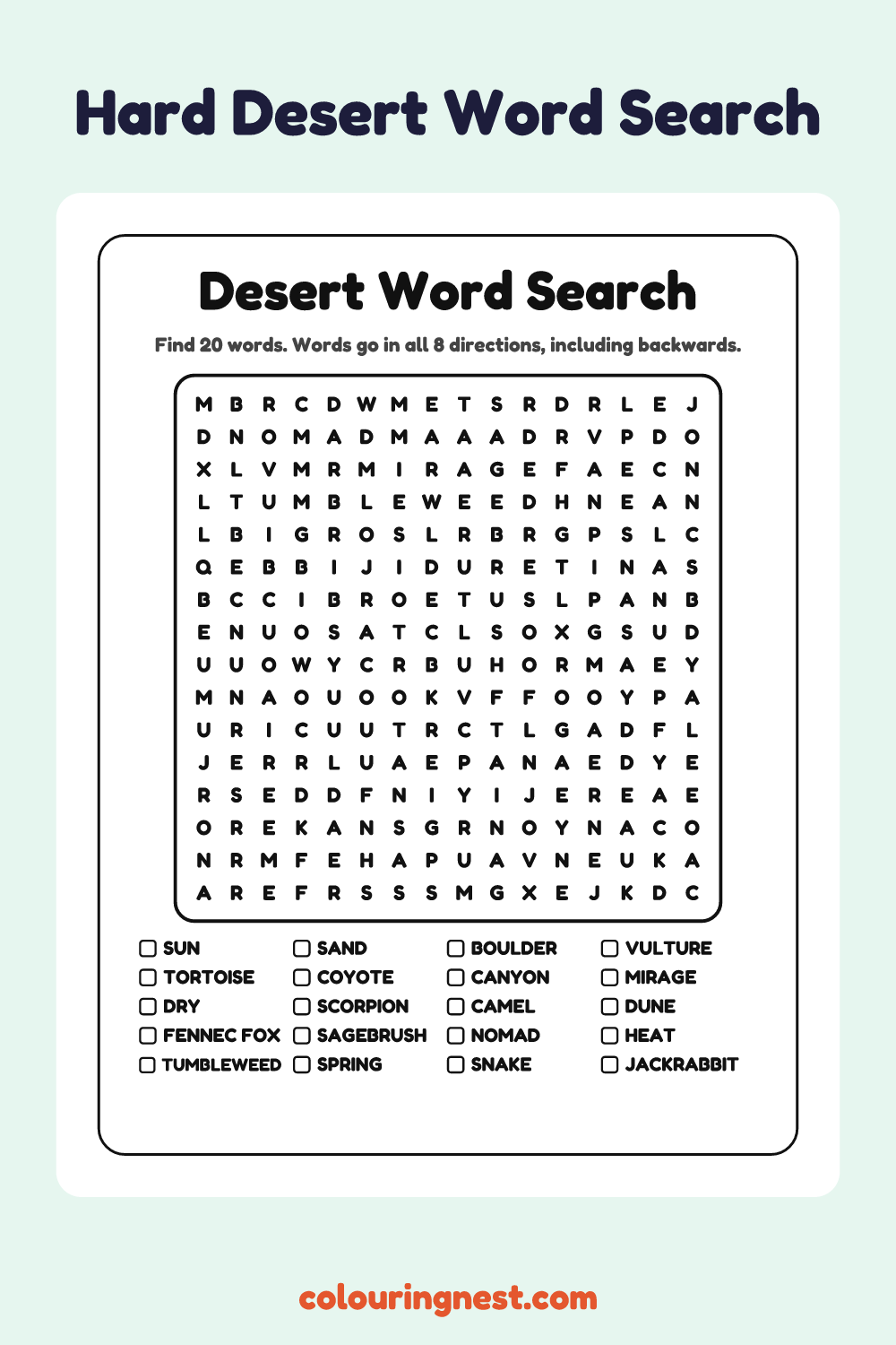Desert Word Search (Hard): free printable black-and-white line art