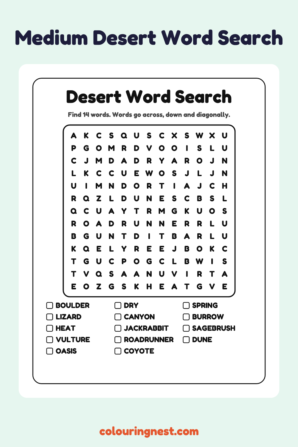 Desert Word Search (Medium): free printable black-and-white line art