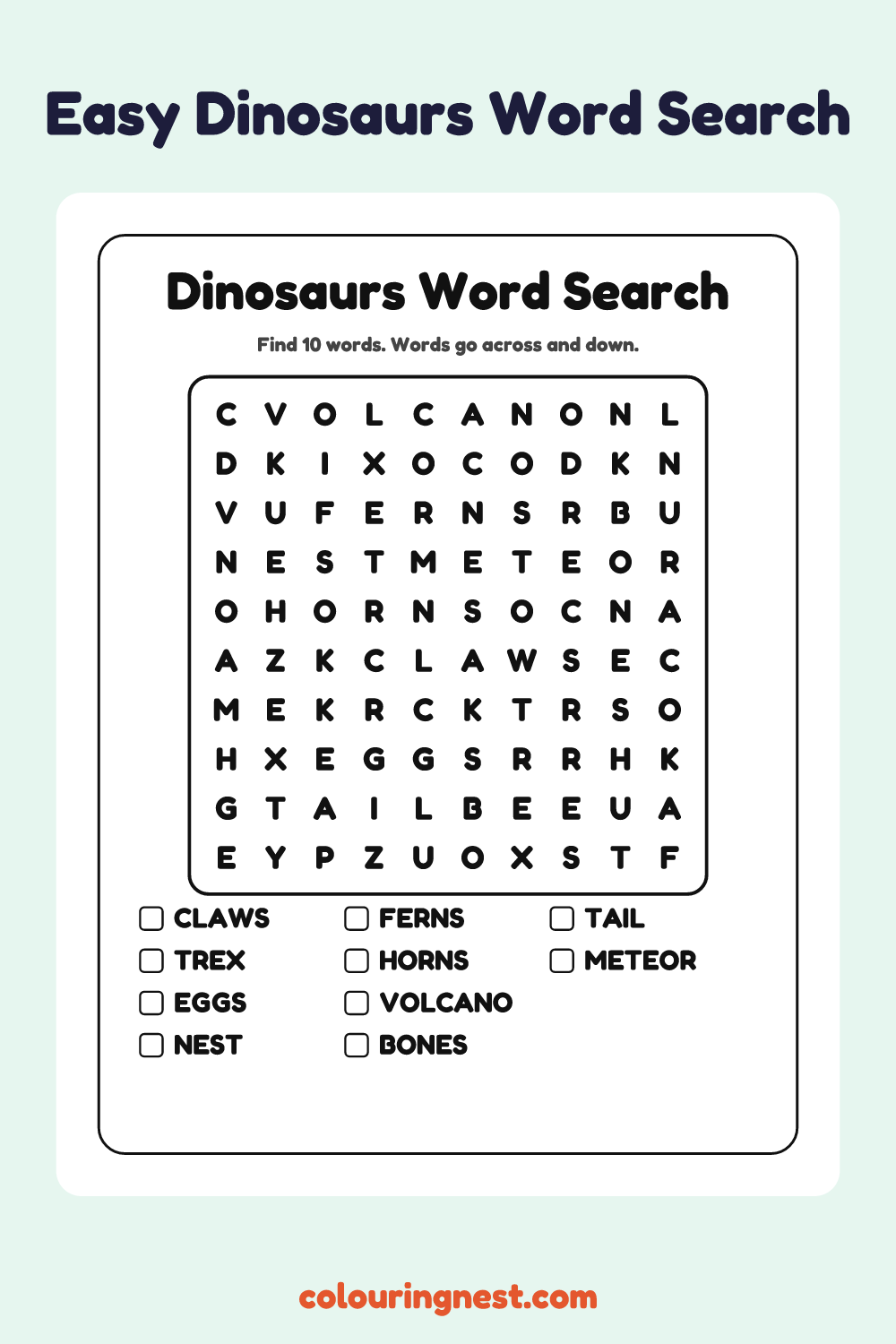 Dinosaurs Word Search (Easy): free printable black-and-white line art
