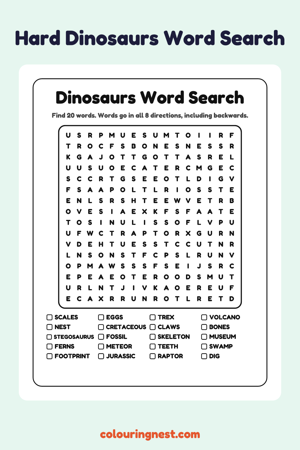 Dinosaurs Word Search (Hard): free printable black-and-white line art