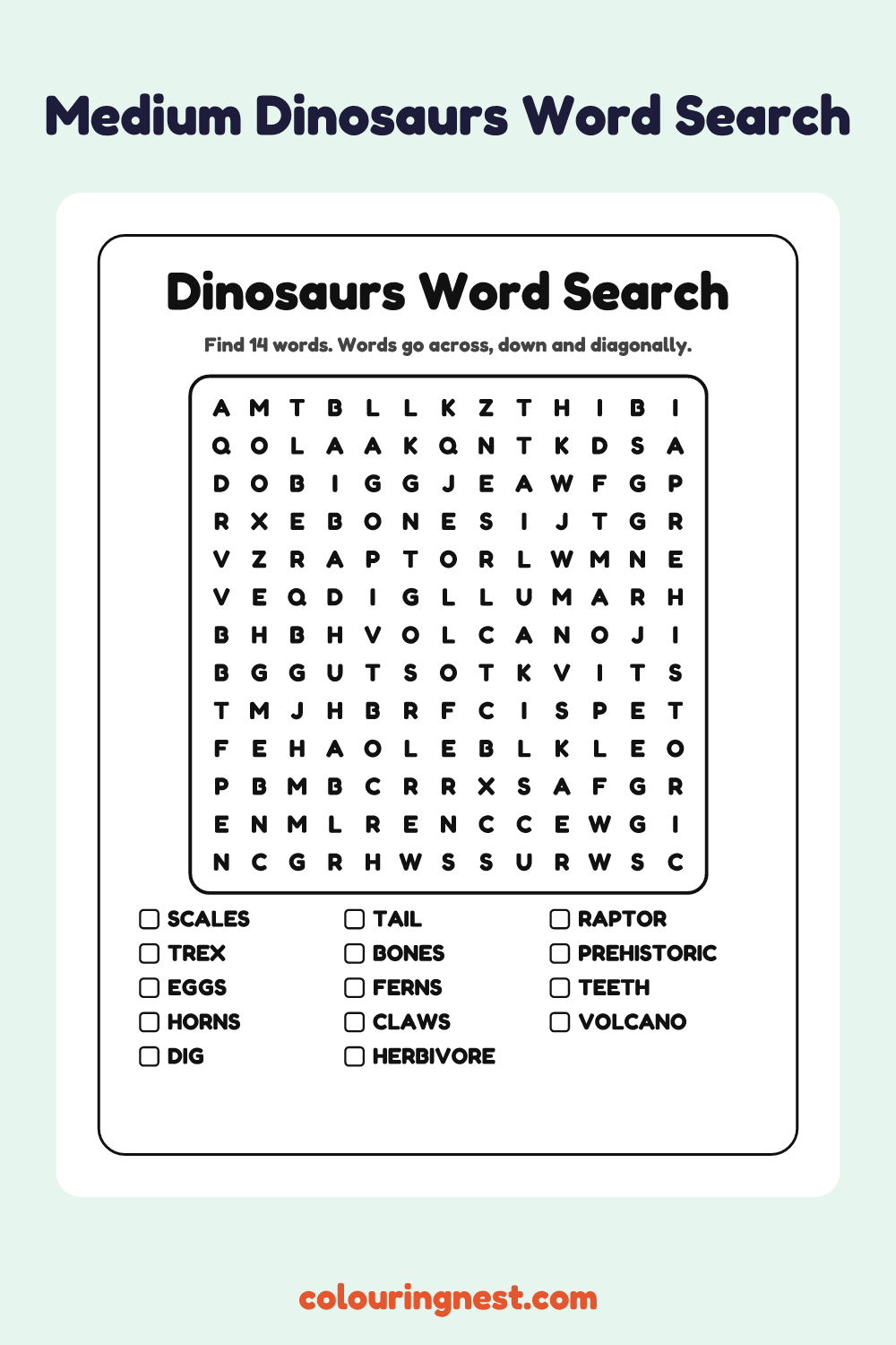 Dinosaurs Word Search (Medium): free printable black-and-white line art