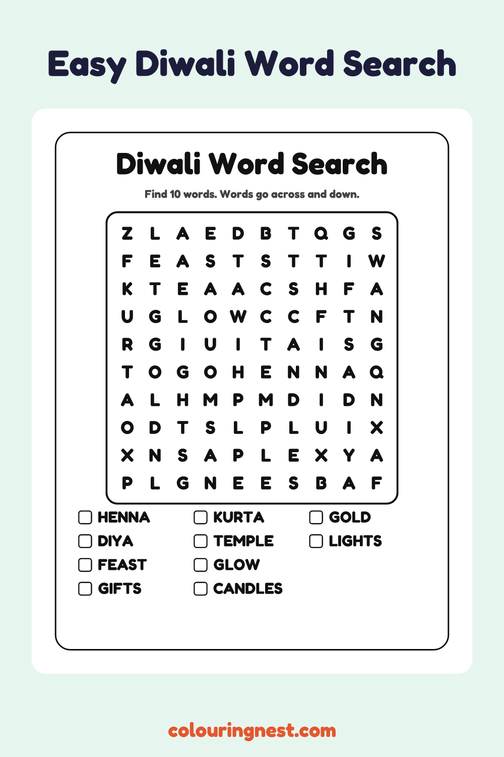 Diwali Word Search (Easy): free printable black-and-white line art