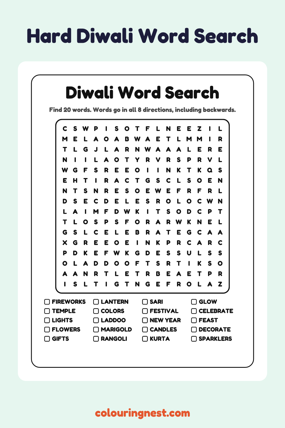 Diwali Word Search (Hard): free printable black-and-white line art
