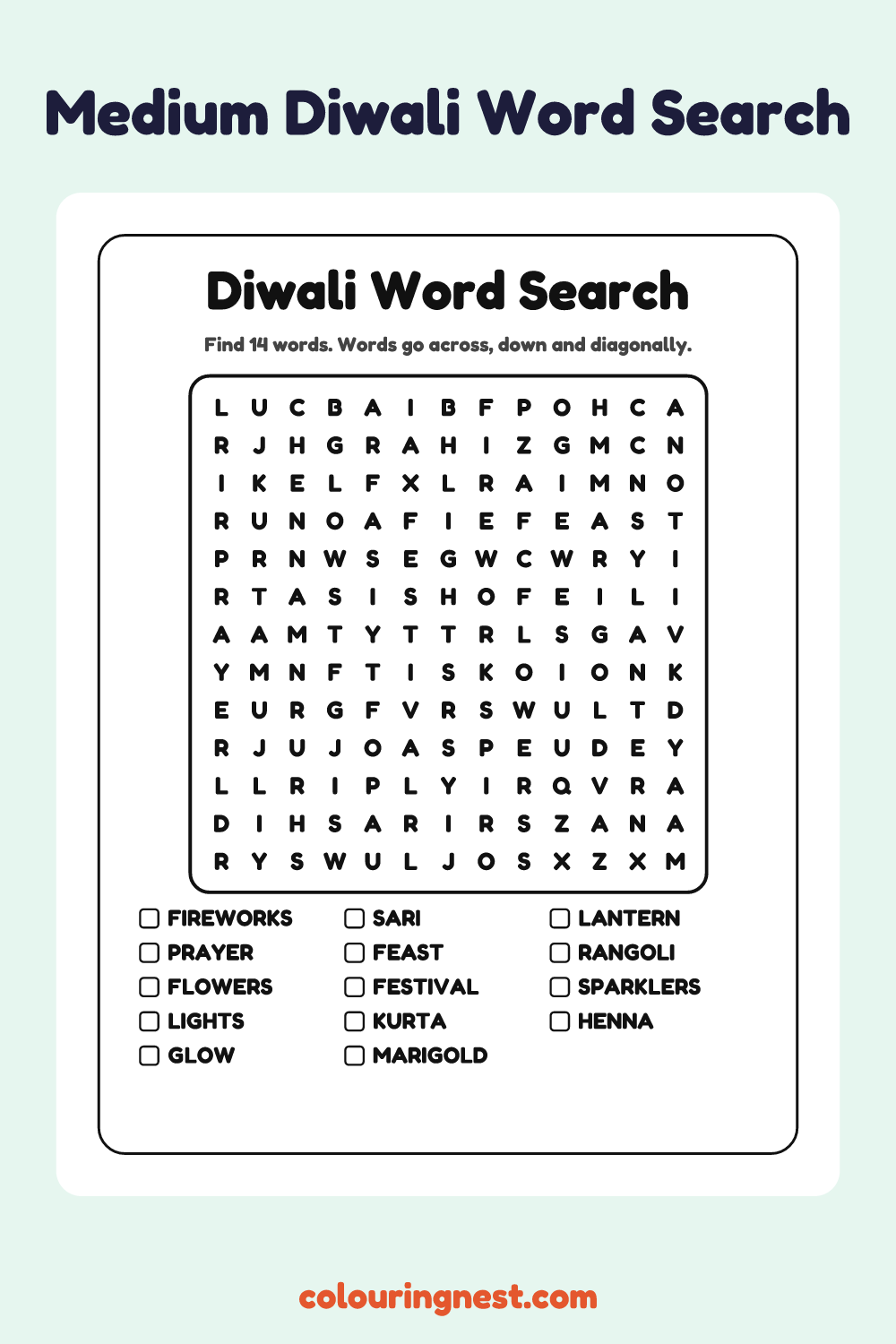 Diwali Word Search (Medium): free printable black-and-white line art