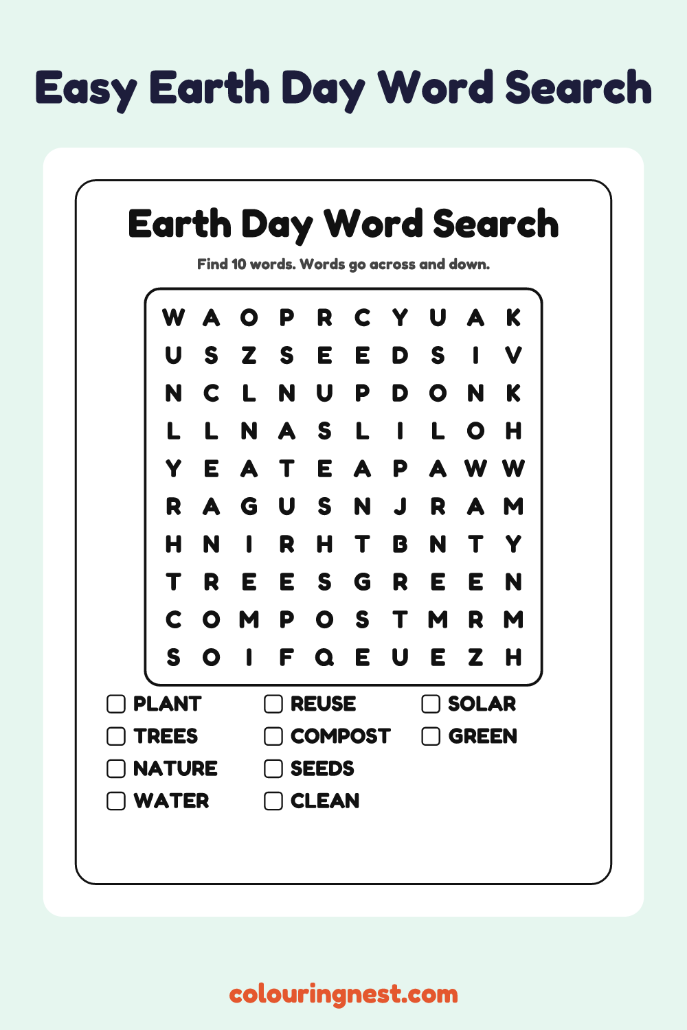 Earth Day Word Search (Easy): free printable black-and-white line art