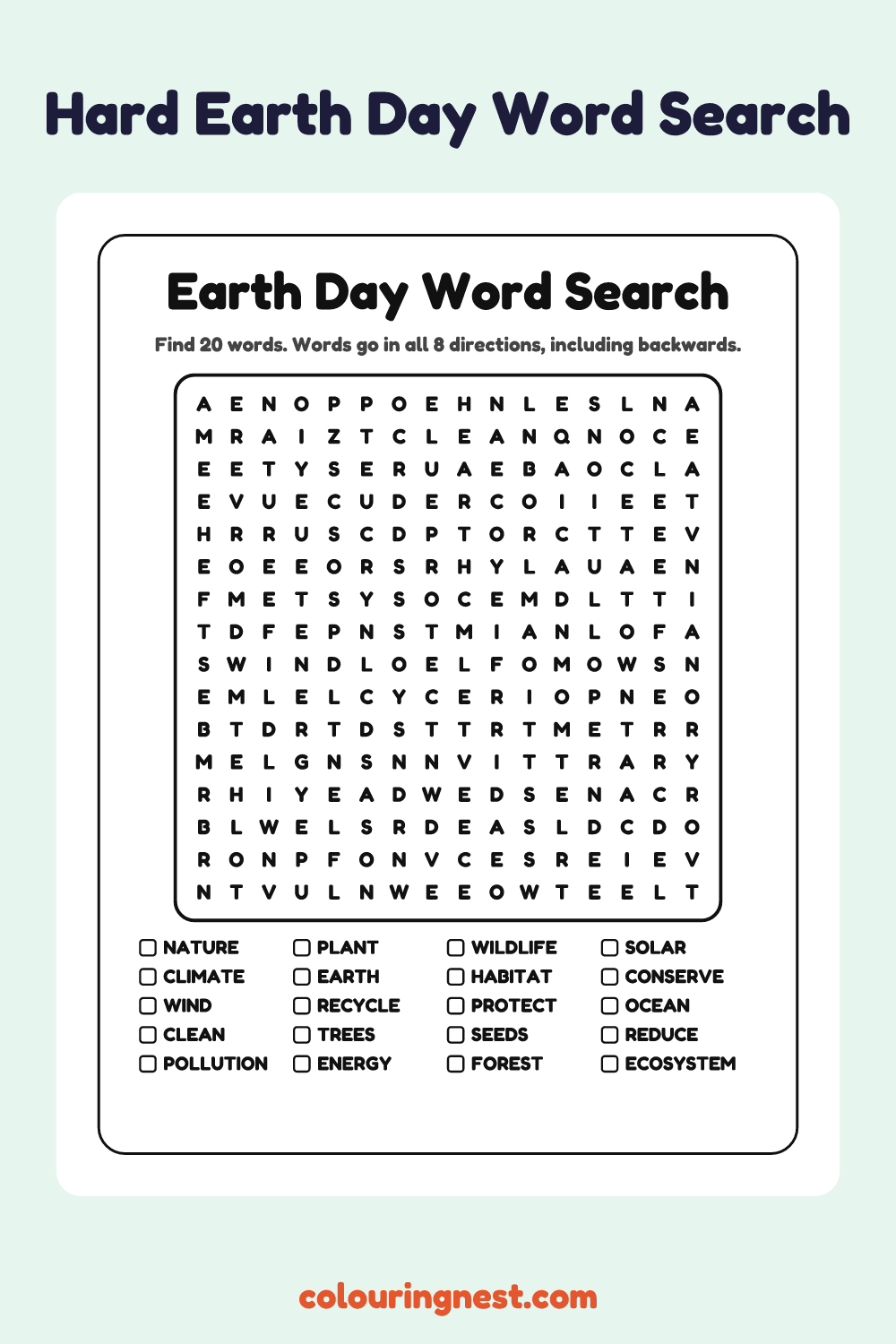Earth Day Word Search (Hard): free printable black-and-white line art
