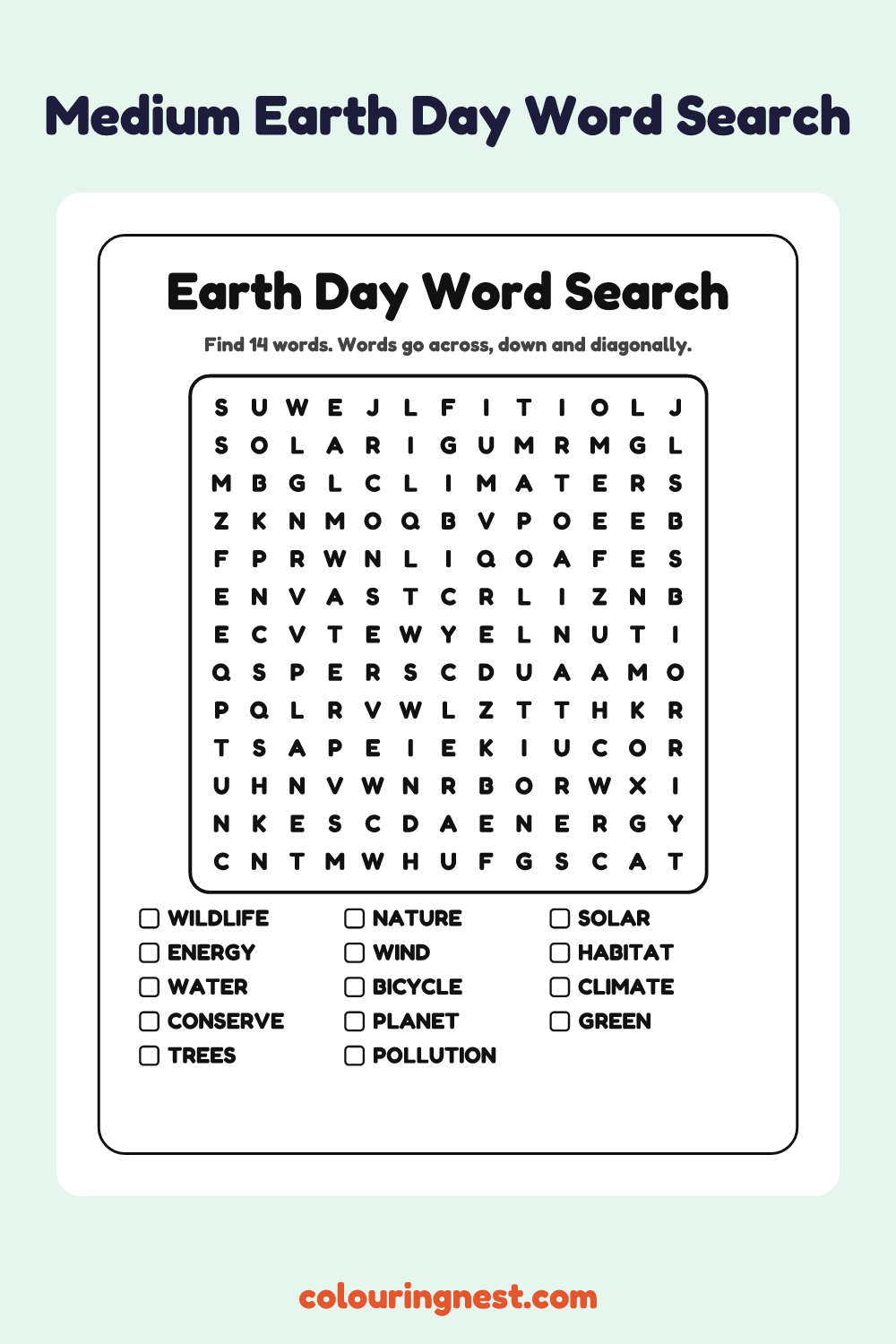 Earth Day Word Search (Medium): free printable black-and-white line art