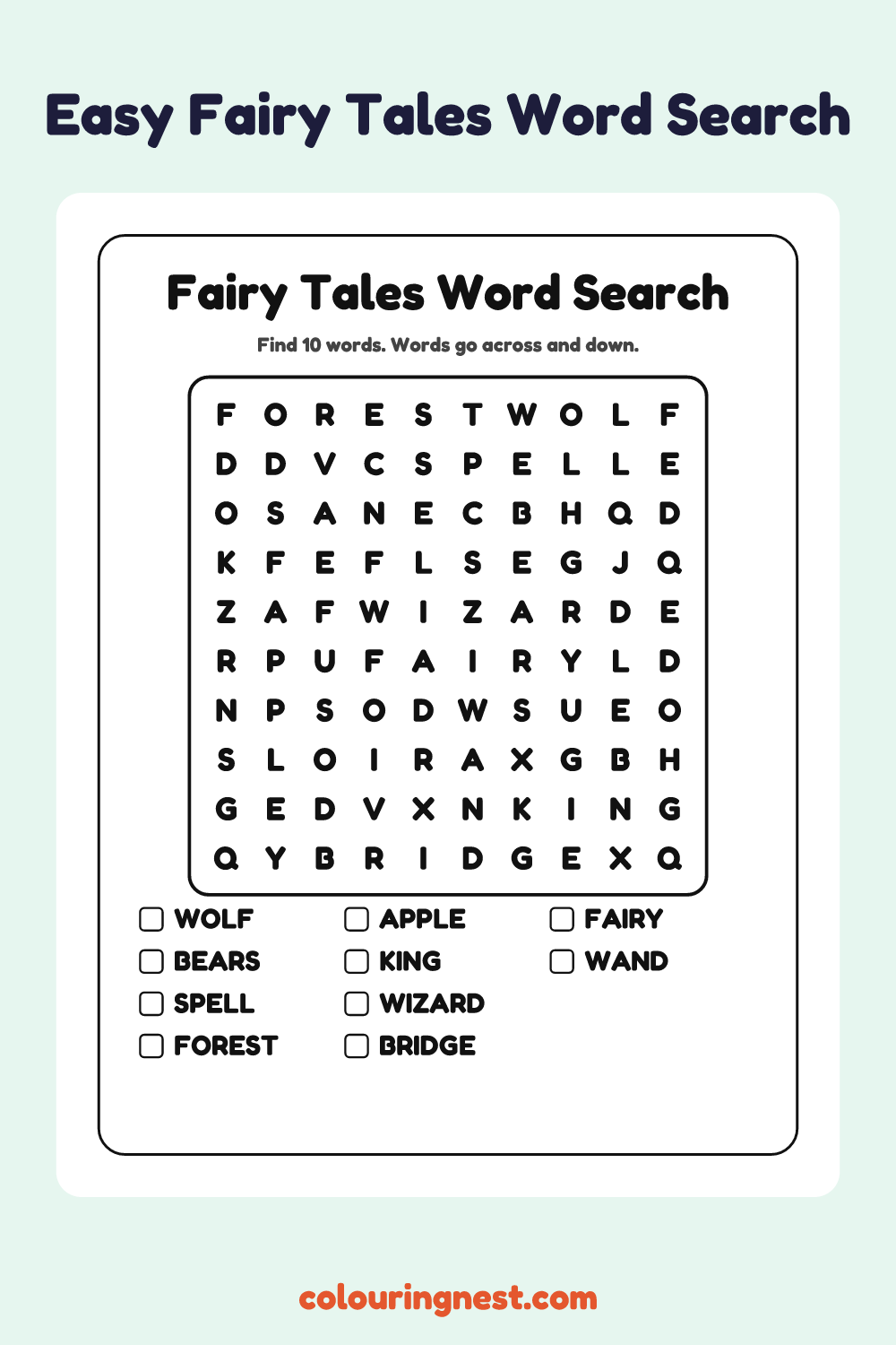 Fairy Tales Word Search (Easy): free printable black-and-white line art