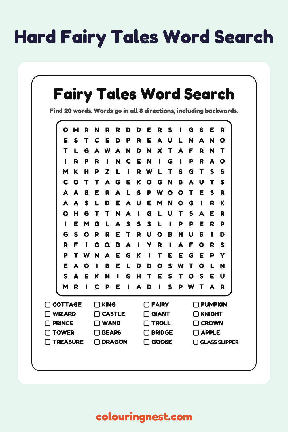 Fairy Tales Word Search (Hard): free printable black-and-white line art