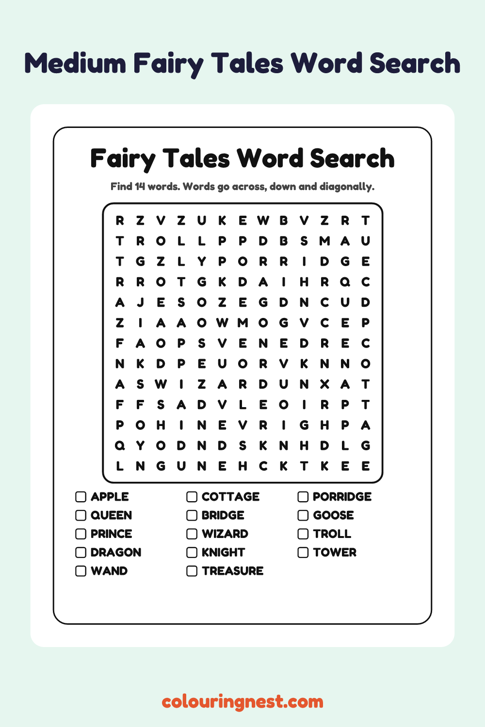 Fairy Tales Word Search (Medium): free printable black-and-white line art