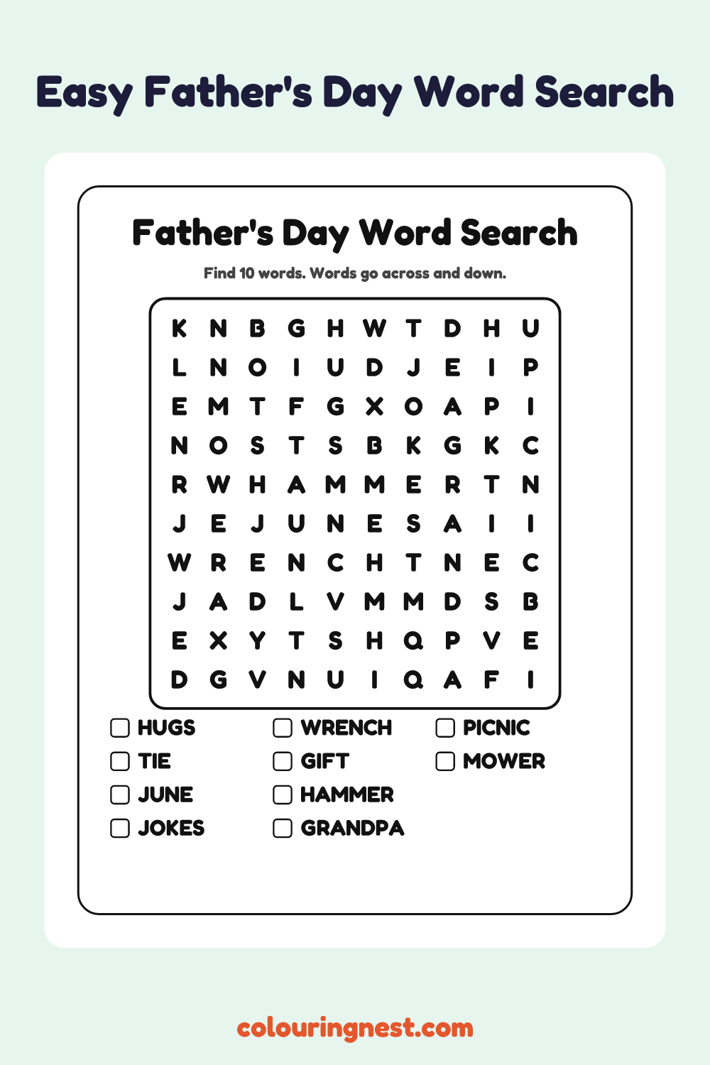 Father's Day Word Search (Easy): free printable black-and-white line art