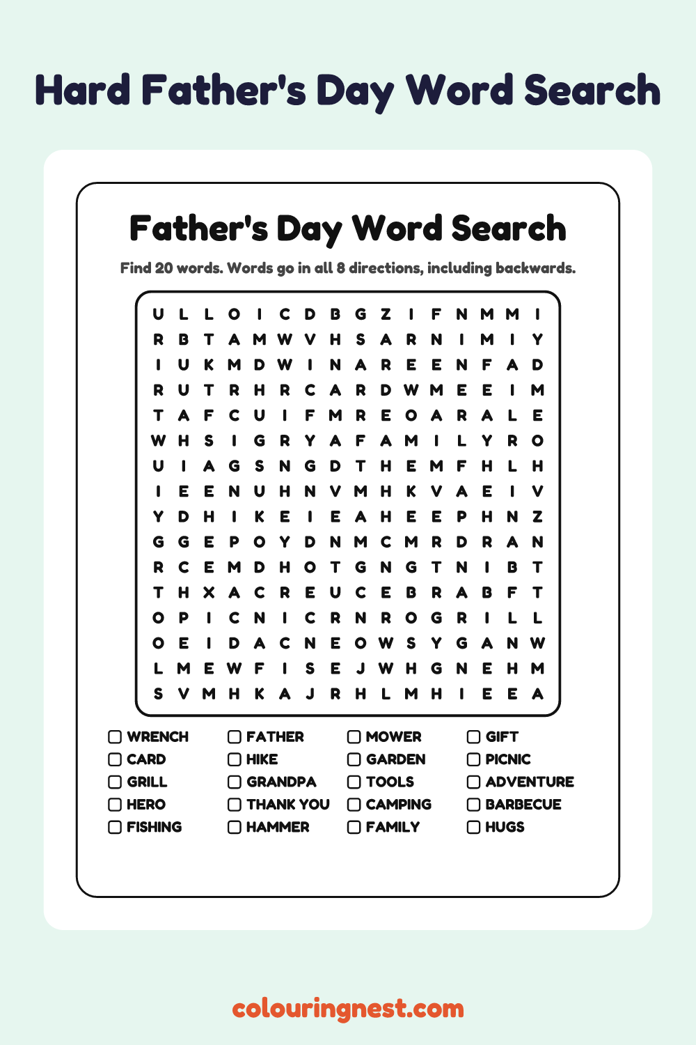 Father's Day Word Search (Hard): free printable black-and-white line art