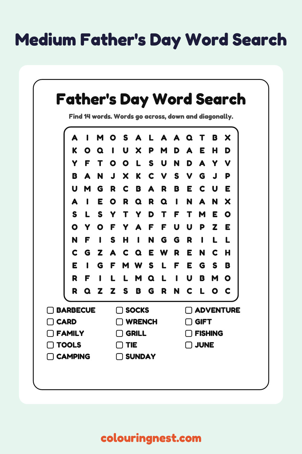 Father's Day Word Search (Medium): free printable black-and-white line art