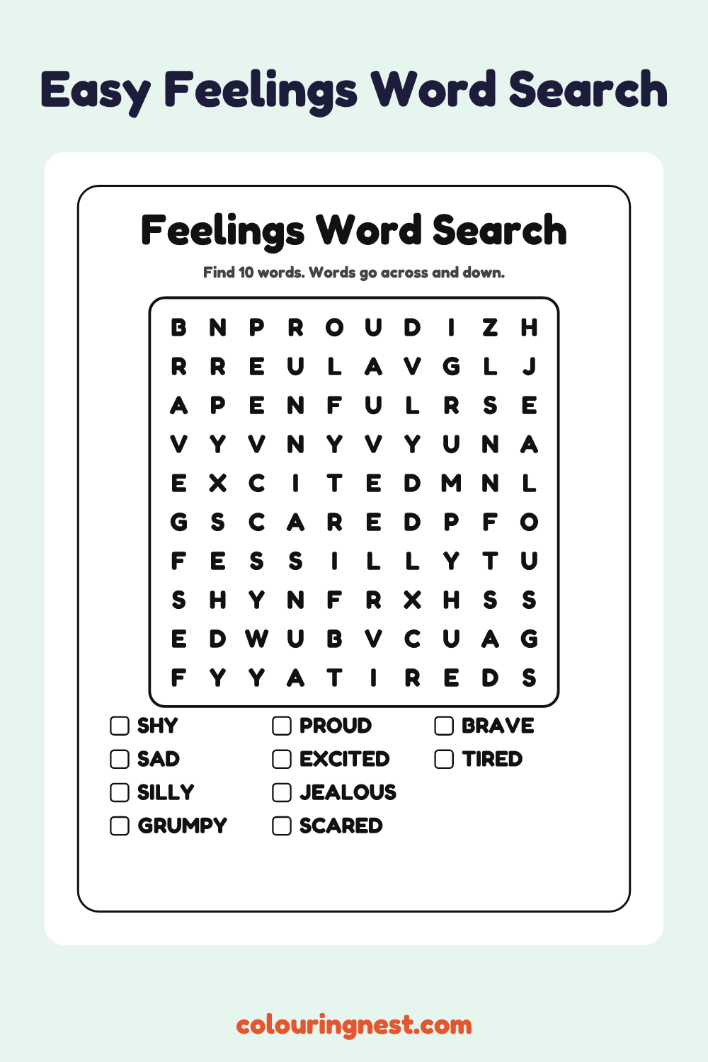 Feelings Word Search (Easy): free printable black-and-white line art